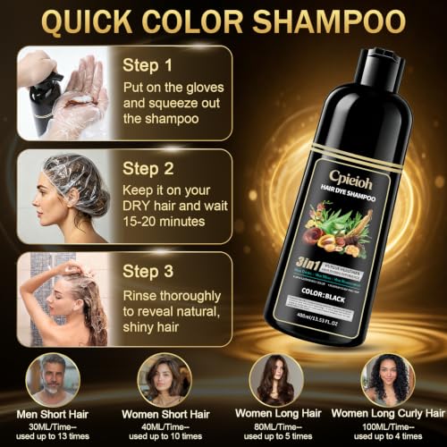 CPIEIOH Black Hair Dye Shampoo 3-in-1 Hair Color for Gray Coverage, Natural Botanical Formula, 15-Minute Salon-Quality Results