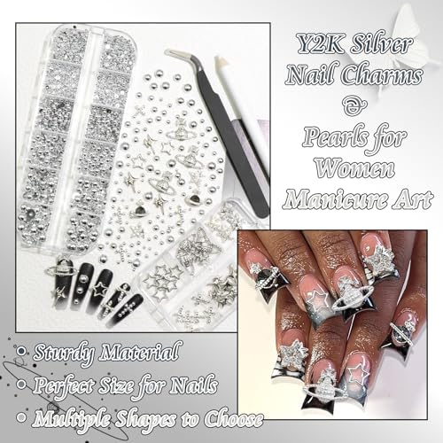 BELICEY 2 Boxes 3D Nail Charms & Silver Pearls Assorted Kit – Stars, Cross, Planet, Saturn Charms