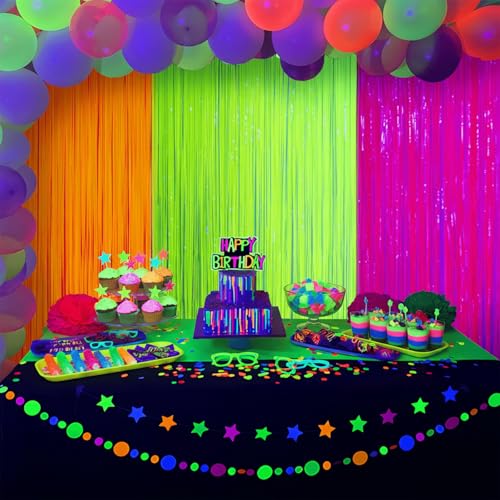 Mega-Loopolis Neon Fringe Curtains - 3 Pack Glow in The Dark Backdrop, 9.9 x 6.6 ft Tinsel for Parties