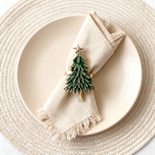 Christmas Tree Napkin Rings Set of 4 - Gold Alloy Holders with Star Topper