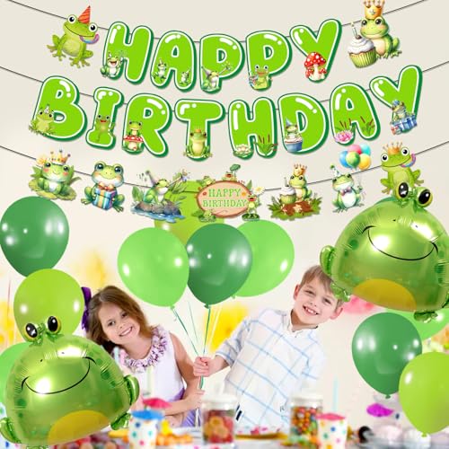 Frog Birthday Decorations Set - Happy Birthday Banner & Balloons