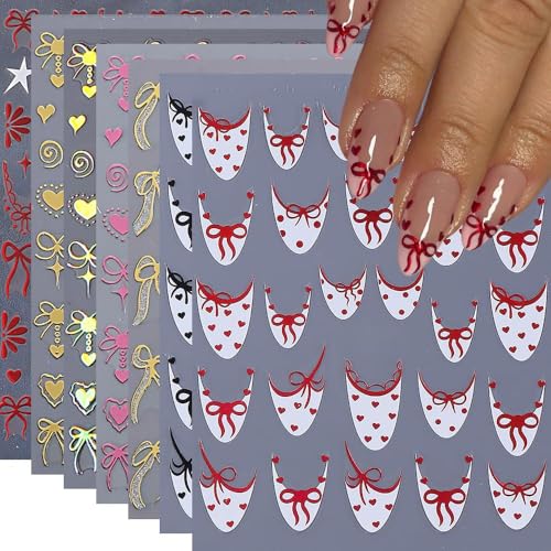 Qdsuh Valentine's Day Nail Stickers – 7 Sheets; 3D Hearts, Bows, Gold & Red Decals with Style8