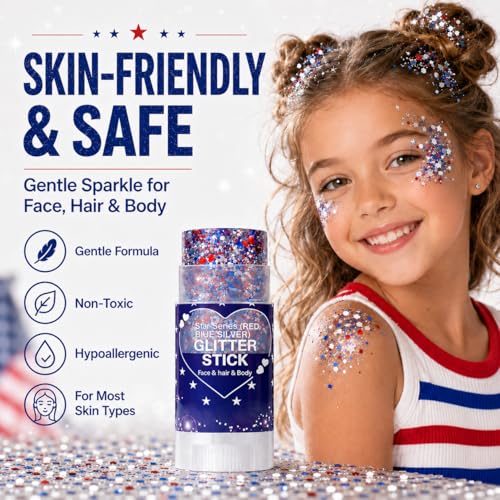 Patriotic Red White and Blue Hair Glitter Stick, 4th of July Accessories, AmericaFlag Face Body Glitter for Fourth of July Outfits Women, Waterproof Glitter Makeup for Independence Day Anniversary