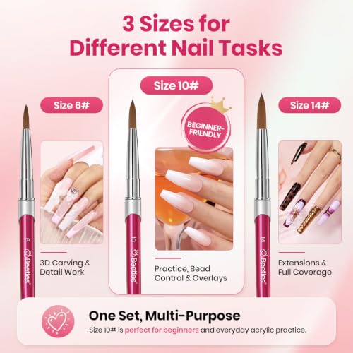 Beetles Acrylic Nail Brush Set B-Red-3, 3 Sizes for Nail Extensions & Art
