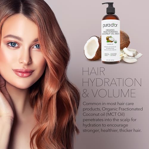 PURA D'OR ORGANIC Fractionated Coconut Oil MCT Oil (16 Oz) 100% Pure & Natural USDA Certified