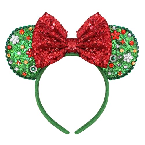 Christmas Mouse Ears Headband for Women Sequin Red Bows with Beads