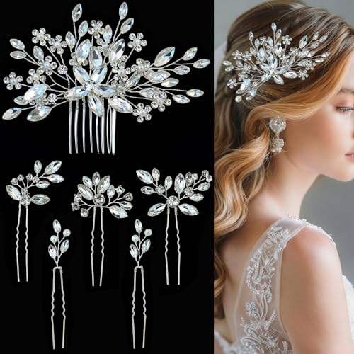 Miskate 6-Piece Bridal Hair Accessory Set: Pearl & Rhinestone Pins & Comb