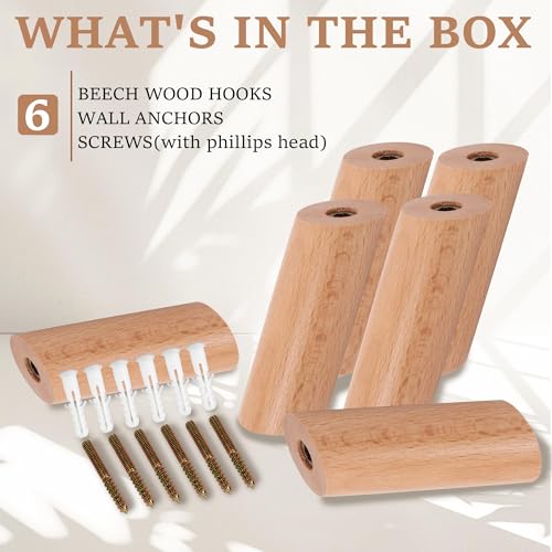Evory 6 Pack Wooden Wall Hooks - Rustic Coat Hangers for Home