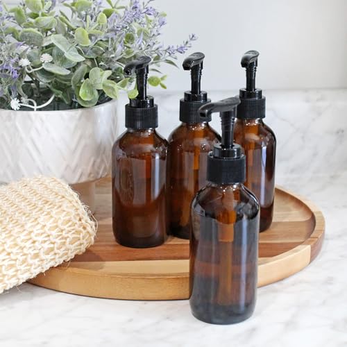 4oz Amber Glass Pump Bottles (4-Pack) - Boston Round Soap Dispenser