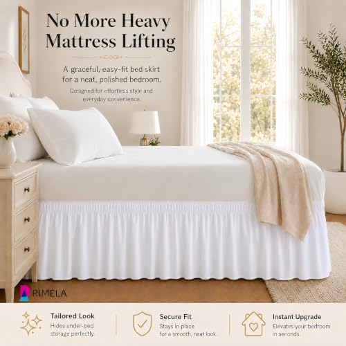 RIMELA White Bed Skirt Full Size 12-Inch Drop, Elastic Wrap-Around