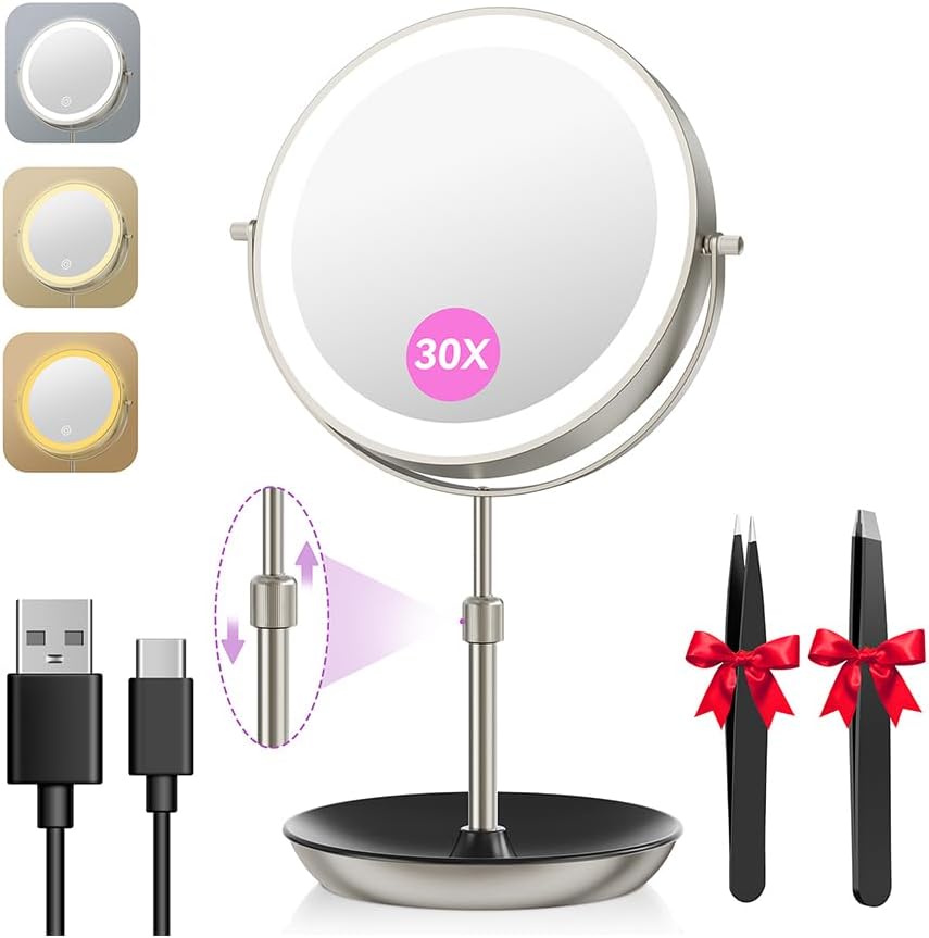 Large Lighted Makeup Mirror - 9" Double-Sided 1X/30X Magnification, Adjustable Height, Rechargeable with 3 Color Dimmable Lights | 360° Rotation