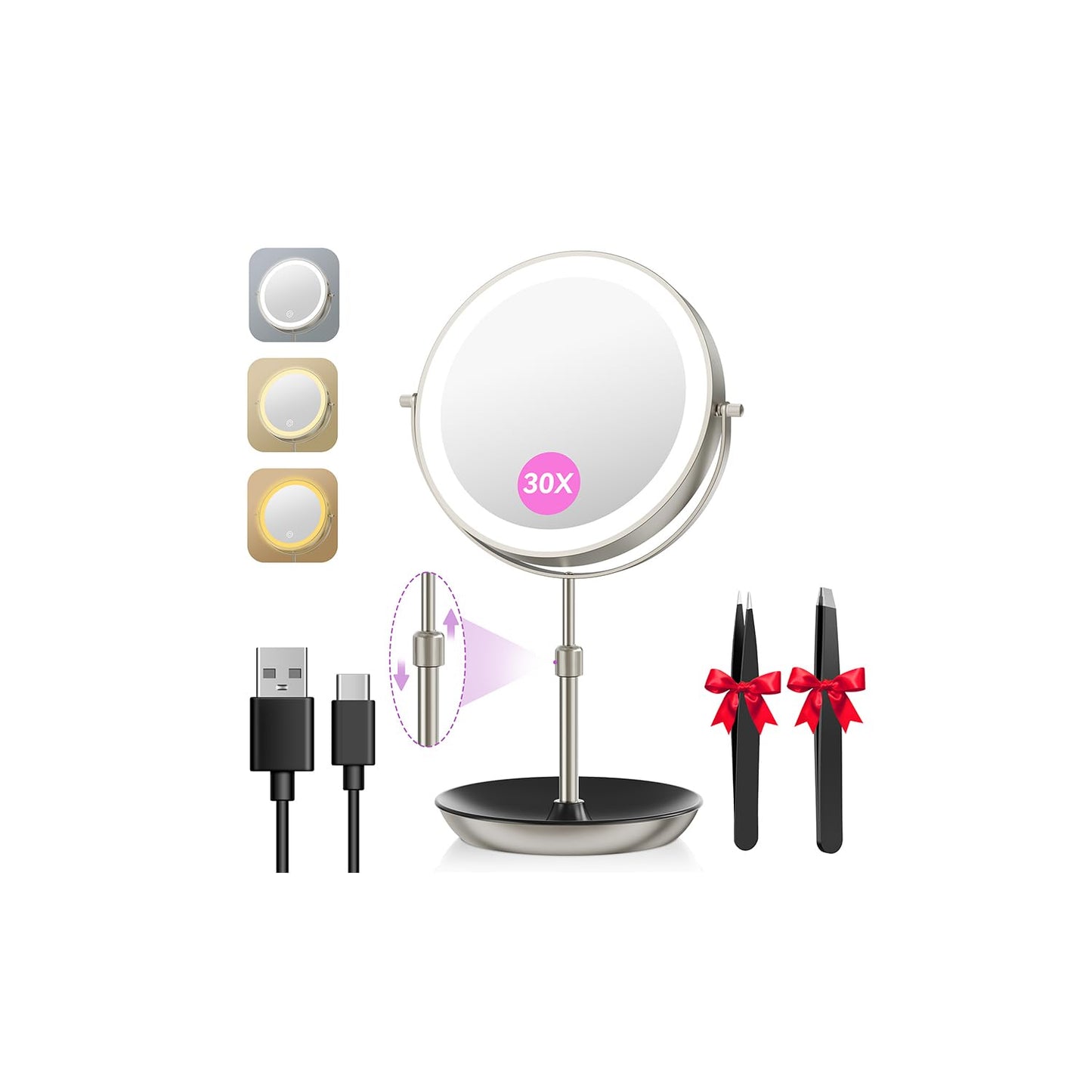 Auxmir 9" Large Lighted Makeup Mirror with Magnification, 1X/30X Double Sided Magnifying Mirror with Adjustable Height, Rechargeable Vanity Mirror with 3 Color Dimmable Lights, 360° Rotation