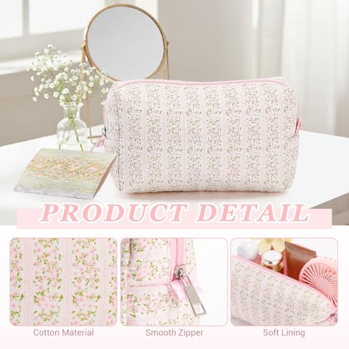 Paterr Quilted Makeup Bag, Pink Floral Cotton Cosmetic Pouch for Travel