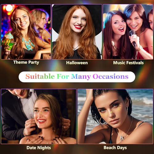HyperFun Holographic Multicolor & Gold Silver Glitter Freckles Face Stickers 12Pcs Waterproof Makeup Patches for Women Festival Party