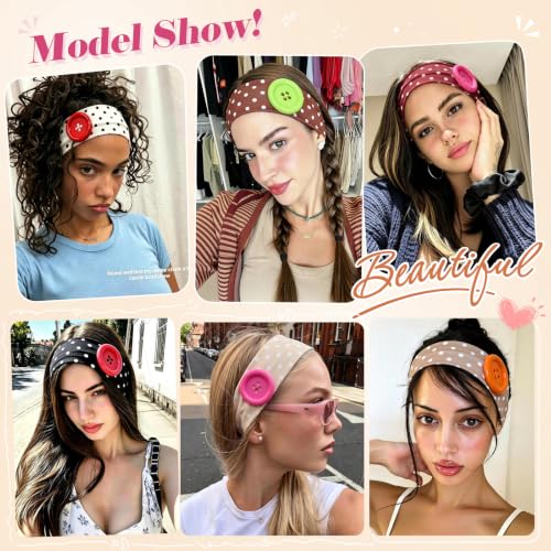6 Pack Polka Dot Headbands for Women - Y2K Button Hairbands