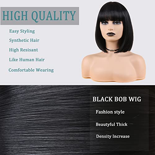 Black Short Bob Wig with Bangs - Synthetic 12 Inch Straight Cosplay & Daily Wear