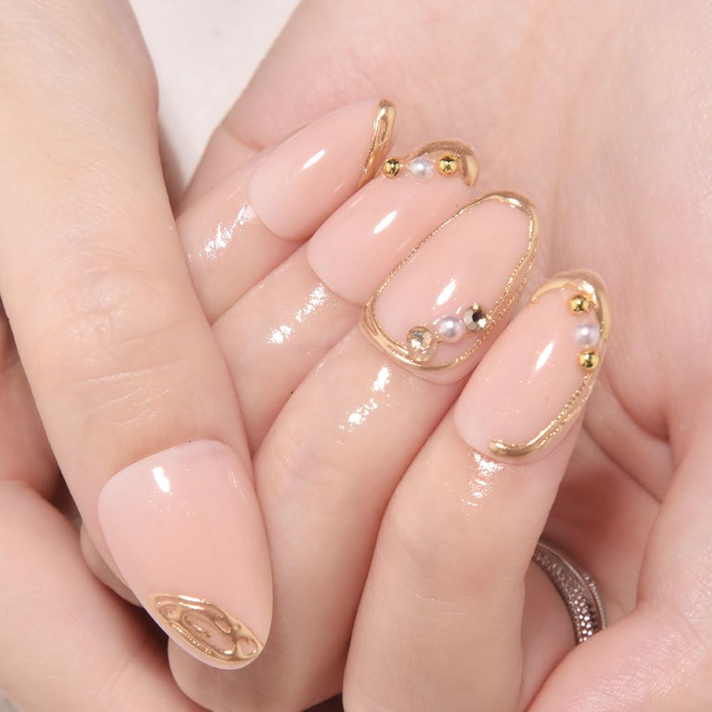 3D Gold Line French Tip Press-On Nails - Short Almond Glitter Light Nude | Handmade Acrylic Nails with 3D Pearl Designs