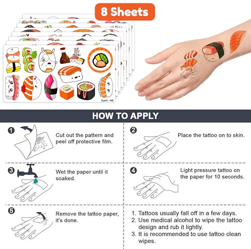 96 PCS Sushi Temporary Tattoos - Kids & Adults Water-Resistant Japanese Sushi Stickers