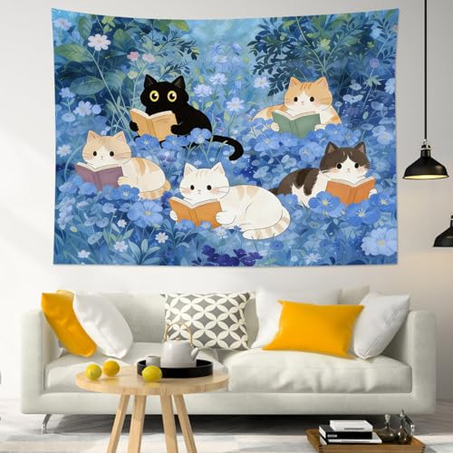 Blue Cat Garden Tapestry - 60x40 Inch Floral Wall Hanging