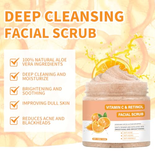 Vitamin C & Retinol Face Scrub for Deep Cleansing & Brightening - Gentle Exfoliating Facial Wash