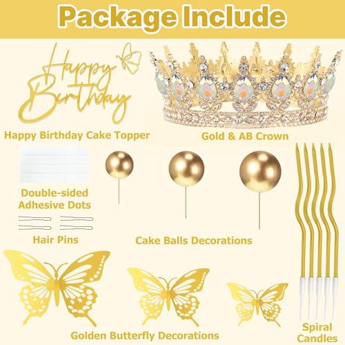 Gold Crown Happy Birthday Cake Topper Set with Butterflies & Candles