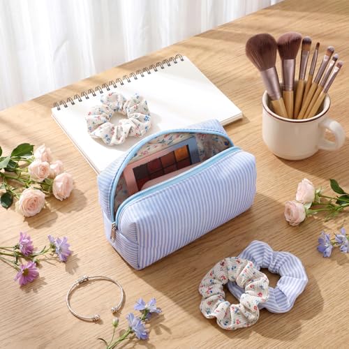 Blue Striped Makeup Bag with Floral Lining, Travel Cosmetic Organizer - Shinylin