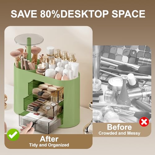 DASITON Makeup Organizer with 3 Drawers & Automatic Pop-Up Brush Holder