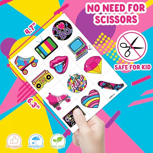 80s Vintage Temporary Tattoos - 60 Pre-Cut Retro Stickers