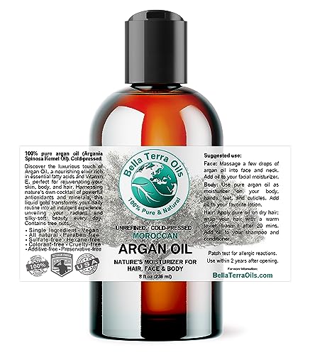 Bella Terra Oils Argan Oil 8 oz - Pure Moroccan Hair & Skin Nourishing Oil - Pack of 1