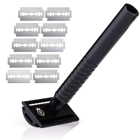 Reggie’s Razors Jupiter Aluminum Safety Razor for Men - Double Edge Shaving Razor, CNC-Machined - Made in UK - Aerospace Grade, Textured Grip, Suitable All Skin Types - Includes 10 Blades – Black