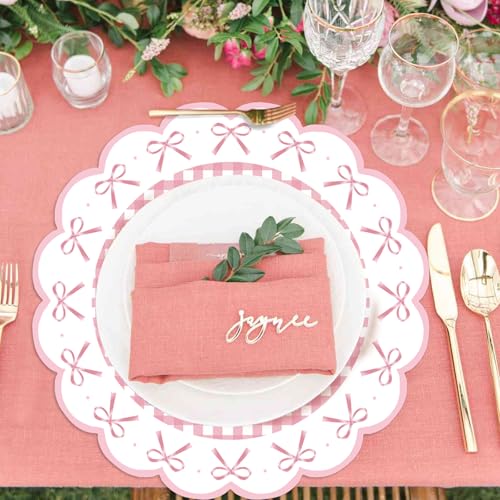 50 Pink Bow Disposable Paper Placemats - 13.4 Inch Round Table Mats for Parties