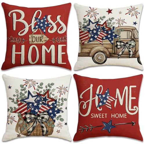 Patriotic Pillow Covers Set of 4 - 18x18 Inch Red, White & Blue