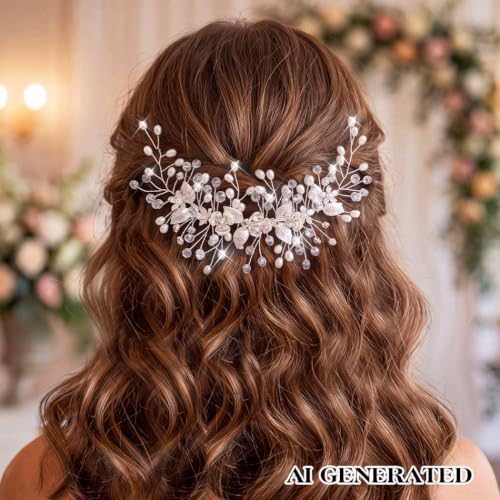 EASEDAILY Silver Pearl Wedding Hair Vine - Floral Bridal Headpiece