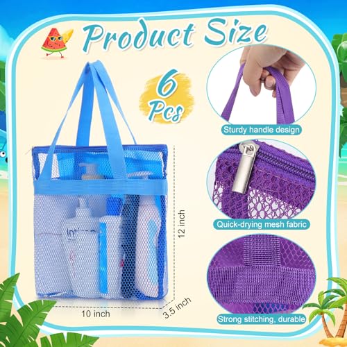 Fluorescent 6-Pack Mesh Beach & Shower Bags Portable Tote with Handles