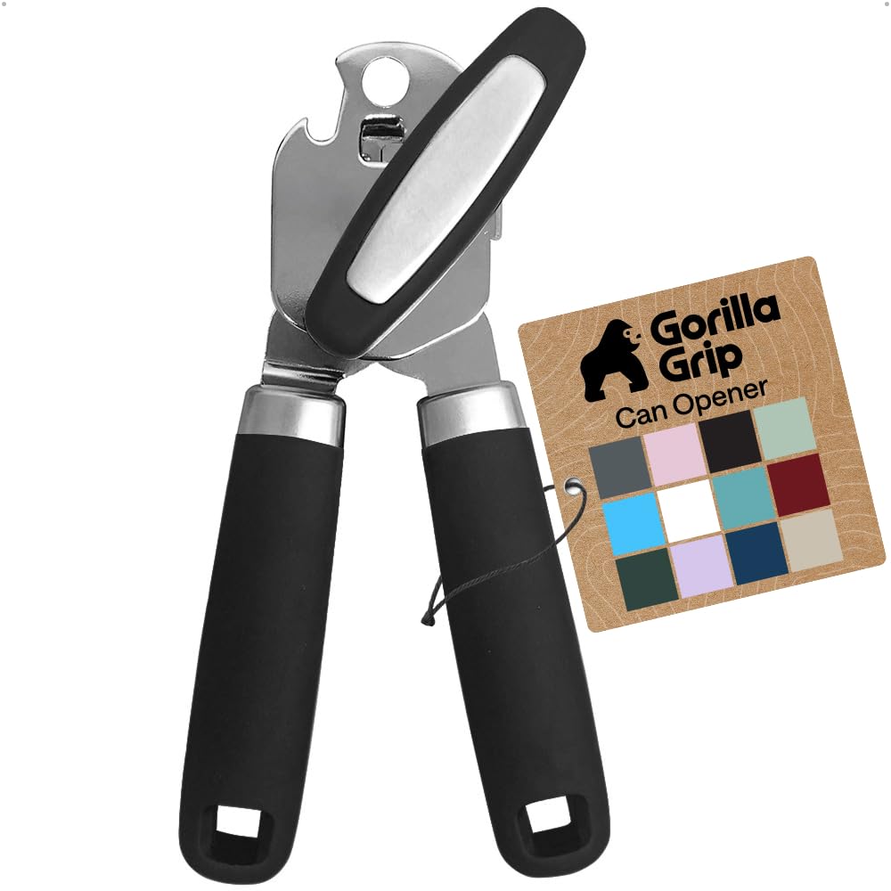 GORILLA GRIP Heavy Duty Stainless Steel Smooth Edge Manual Can Opener and Bottle Openers, US Designed, Comfortable Handle, Oversized Handheld Turn Knob, Multifunctional Kitchen Tool, Black
