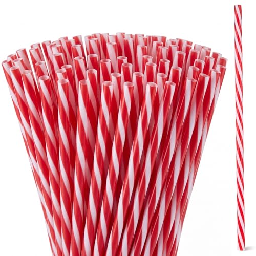Honeydak 50 Pcs Red and White Stripe Reusable Drinking Straws