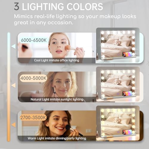 Hollywood Vanity Mirror with Lights, 23" x 18" Lighted Makeup Mirror with 15 Led Bulbs, 3 Color Lights, 10x Magnification, Desk/Wall Mounted, Bedroom College Dorm Room Essentials