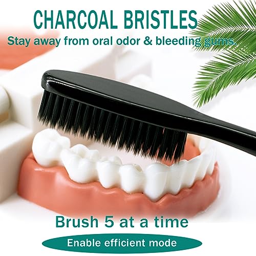 GOLD DAWN Large Long-Head Charcoal Bristle Toothbrush 4-Pack – Daily Whitening & Plaque Removal