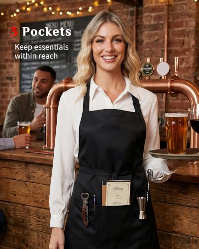 Adjustable Black Bib Apron with 3 Pockets for Kitchen & Restaurant