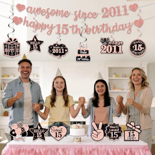 Glitter Rose Gold 15th Birthday Banner Decorations for Girls