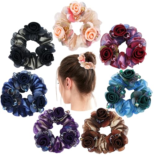 7-Piece Floral Mesh Rose Hair Scrunchies - Elegant Stretchy Hair Ties
