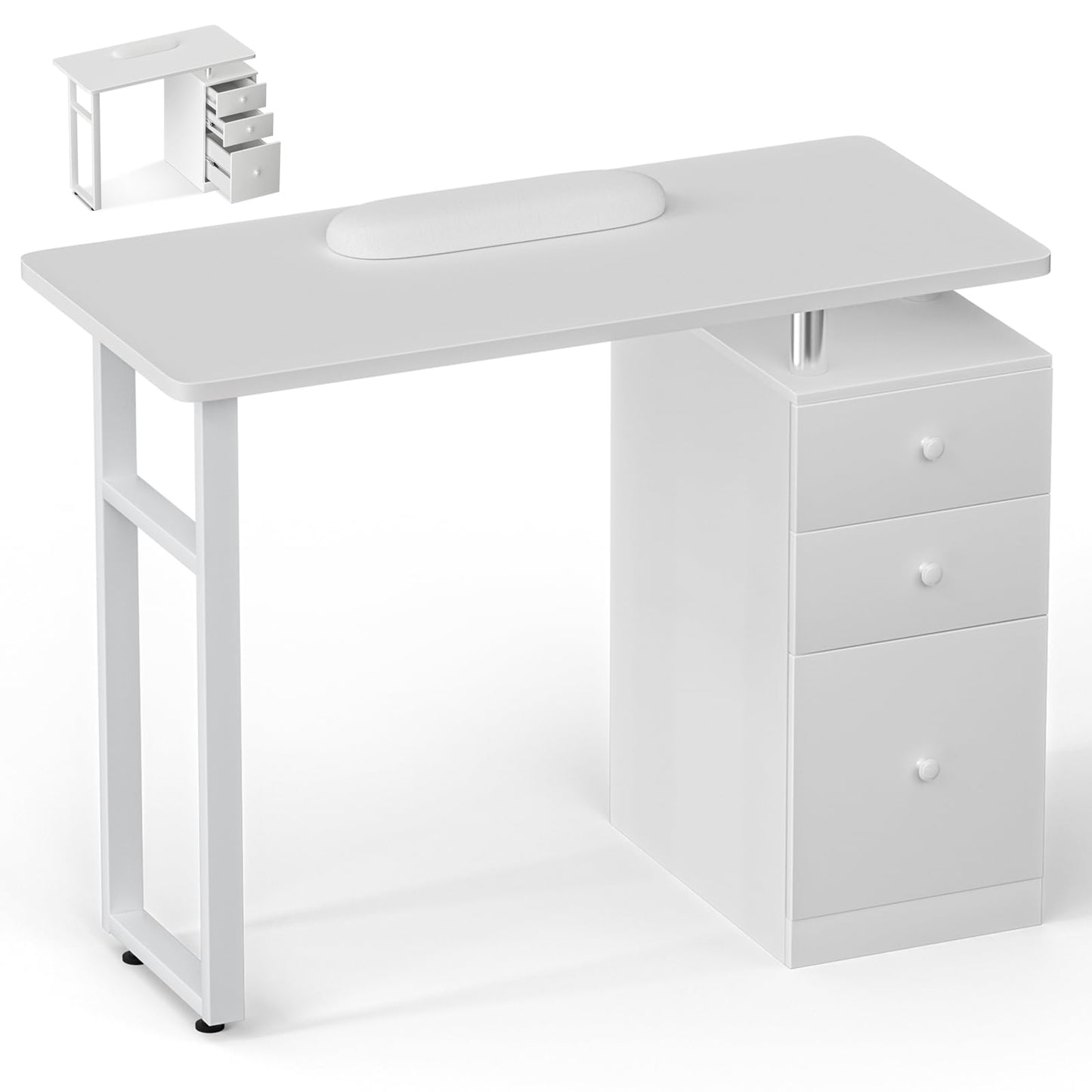 DeerDean White Manicure Table Nail Desk Acetone Resistant w/Wrist Cushion, Drawers & Cabinets