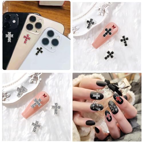 Crystal Cross Nail Charms 18Pcs - Y2K Pink Silver Black 3D Cross Nail Art