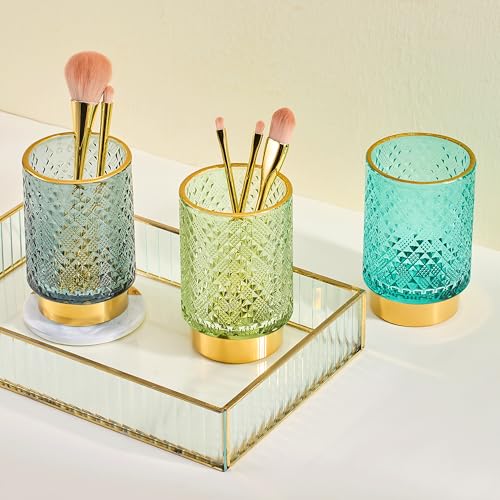 Dark Green Glass Makeup & Toothbrush Organizer with Gold Base - Multifunctional Pen Holder