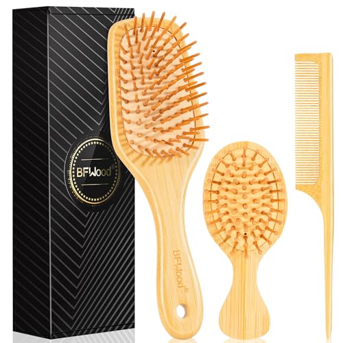 BFWood 3 Pack Yellow Bamboo Detangling Hair Brush Set for Travel & Styling
