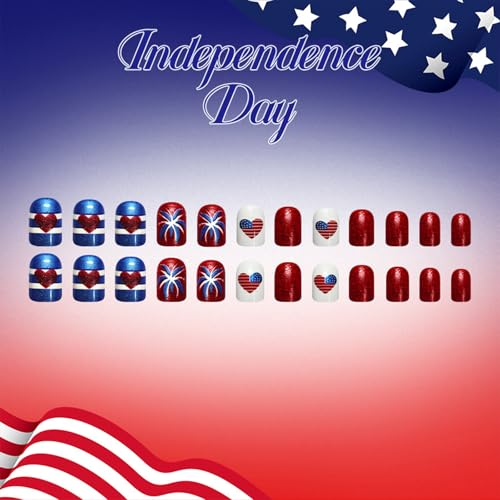 HZJXRT 4th of July American Flag Fake Nails - Short Red Glitter Press-On Manicure, 24pcs