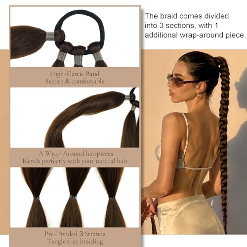 34 Inch Extra Long Brown Braided Ponytail Extension | Easy Attach Hairpiece