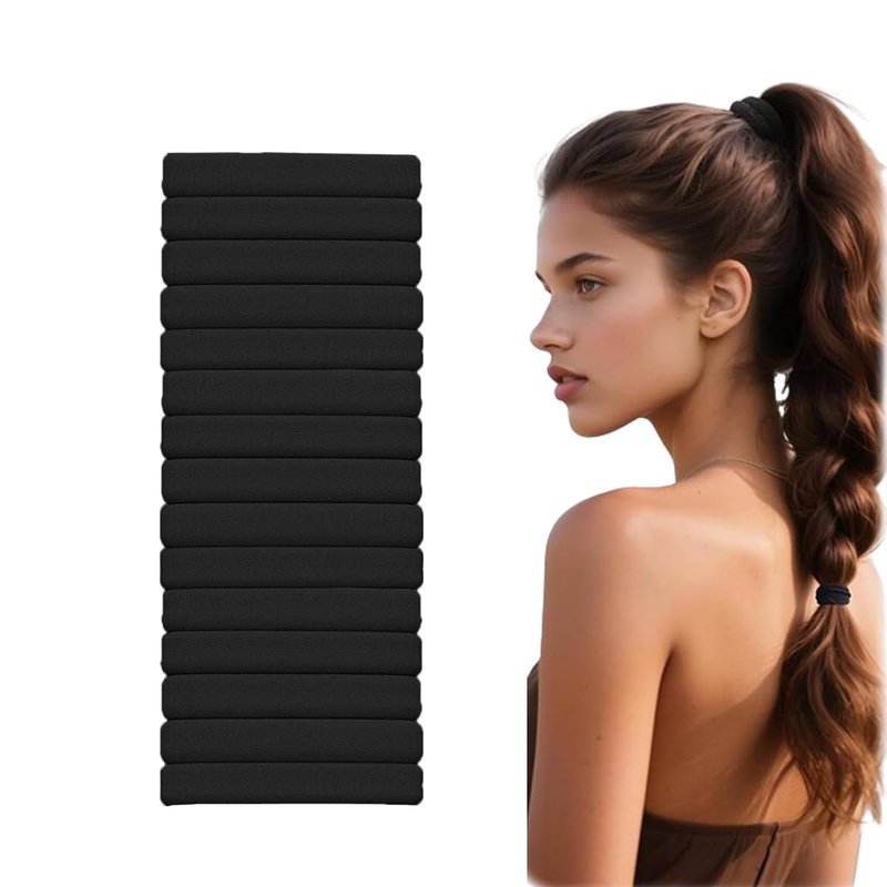 Black Hair Ties - 15pcs No Damage Strong Stretchable Bands for Curly & Long Hair | Snag-Free Ponytail Holders
