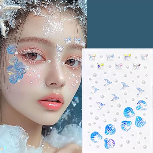 WIWUFUE Mermaid-Blue Face Gems & Seashell Rhinestones - Waterproof Self-Adhesive Body Art for Festival, Rave & Cosplay