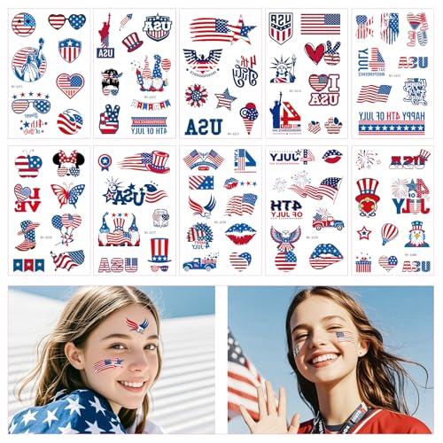 Awinmay 4th of July Temporary Tattoos - 80 Pcs Independence Day American Flag Red White and Blue Tattoos for Kids,Memorial Day,Labor Day,Fourth of July Party Decorations and USA Party Favors 10 Sheets